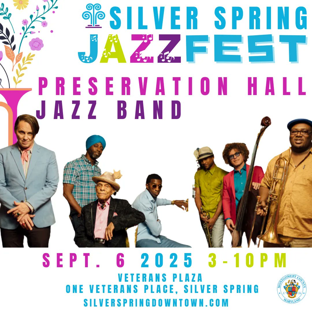 MontgomeryCoMD's tweet image. 🎷 Big news! The iconic Preservation Hall Jazz Band will headline the Silver Spring Jazz Festival on Saturday, Sept. 6 at Veterans Plaza!
🎶 Free, family-friendly
🕒 3–10 pm | 🎤 PHJB hits the stage at 8:30
Get ready for a night of world-class jazz: ow.ly/AO8250Wti4n
