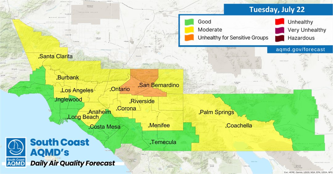 SouthCoastAQMD's tweet image. Air Quality Forecast (Tuesday, July 22nd): aqmd.gov/forecast
🏖 Coastal: Good
🏙 LA: Good -to- Moderate
🌅 OC: Good -to- Moderate
🌄 Inland Empire: Good -to- Unhealthy for Sensitive Groups
🌴 Coachella Valley: Moderate
View our Real Time #AQI Map: aqmd.gov/aqimap
