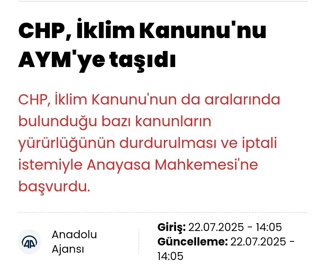 CHP İklim Kanunu'na itiraz etti. Sevindirici.

Umarım daha sınırlayıcı bir kanun istedikleri için değildir! 

Çünkü itirazları bu kanunun zayıf olduğu yönünde idi. 

Bekleyip göreceğiz.
