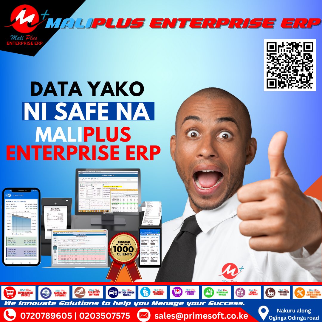 MaliPlusERP's tweet image. Your business data is safe with Maliplus Enterprise ERP.
Built by Primesoft Solutions (K) Ltd, trusted by 1000+ businesses.
Reliable. Secure. Scalable.
#PrimesoftSolutions
