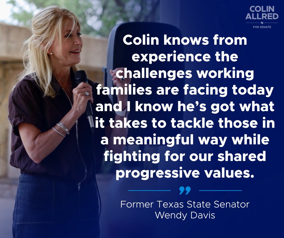 ColinAllredTX's tweet image. I’m proud to have the support of my friend, Wendy Davis, a champion for Texans and a lifelong fighter for justice. This is a campaign built to fight for every Texan and we're lucky to have Wendy in our corner.
We need you in this fight with us. Join the team at…