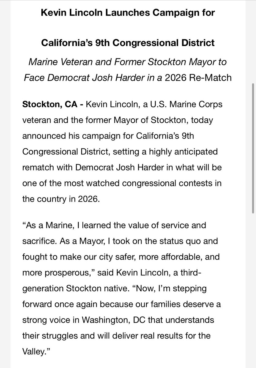 jamesd0wns's tweet image. #CA09: former Stockton Mayor Kevin Lincoln (R) returns for a rematch against Rep. Josh Harder (D).
Harder won by ~4 points in 2024 in what is now a Trump-won district.
GOP sources have told me they are bullish on this district in ‘26