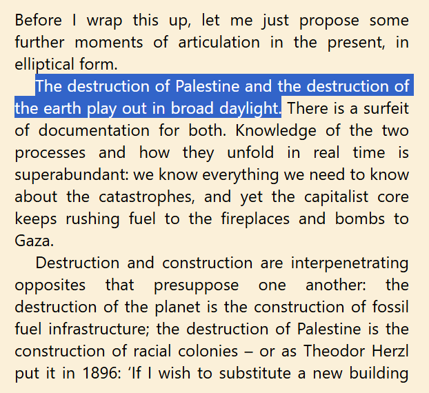 Kali_de_Armas's tweet image. Malm gets an absurd amount of mileage from this analogy between the climate crisis and the Palestinian genocide. Tells you a lot about ruling class strategies and logics.
('The Destruction of Palestine Is the Destruction of the Earth')
