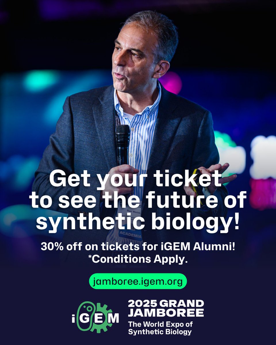 iGEMCommunity's tweet image. Are you an iGEM alum? Reconnect with the community, meet the next generation of iGEMers, and see how synbio has evolved at the 2025 iGEM Grand Jamboree, Oct 28-31 in Paris.
Alumni receive 30% off eligible tickets. *Conditions apply.
jamboree.igem.org/2025/tickets