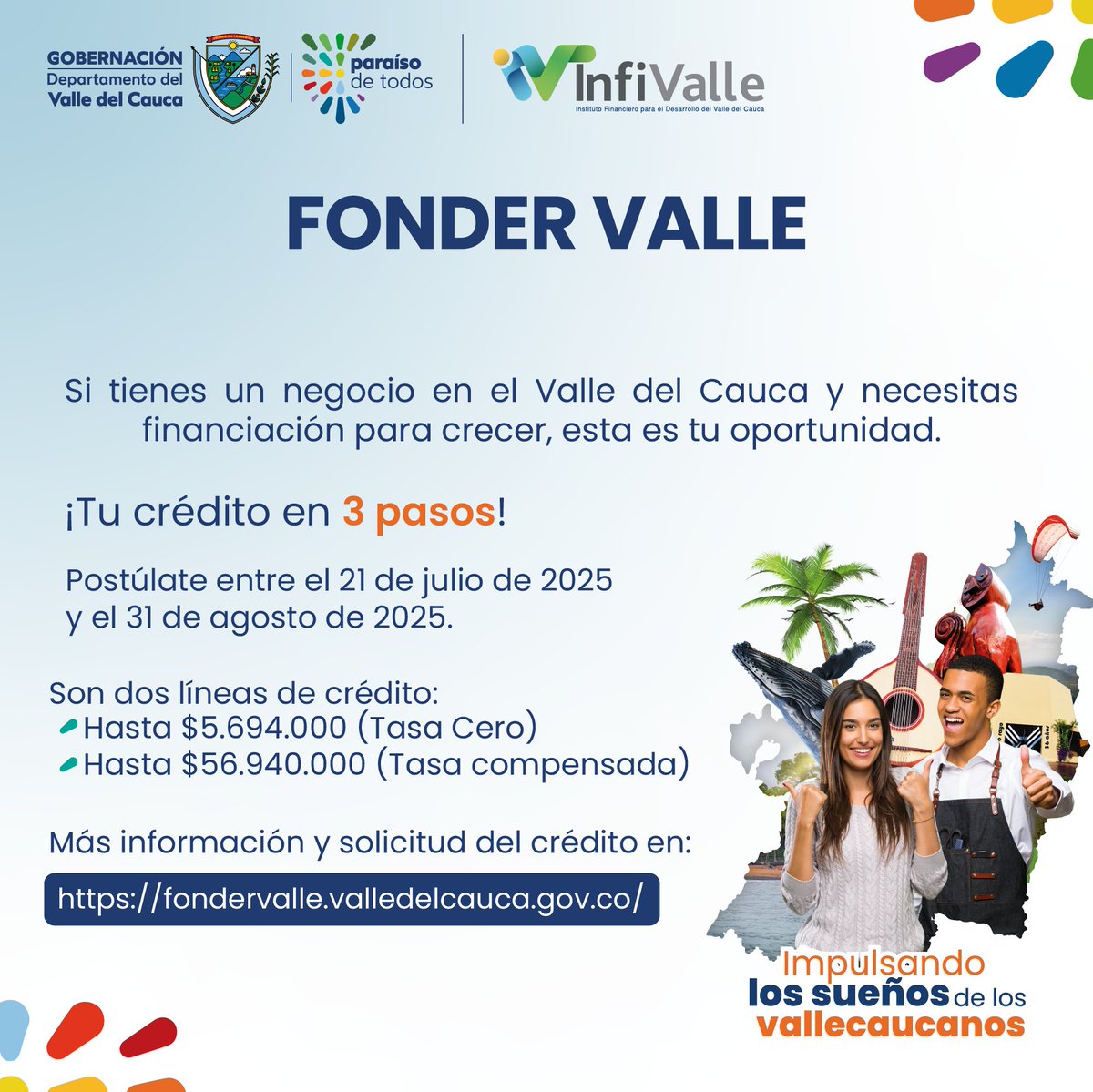 📢 Postularte a #FonderValle es más fácil de lo que crees
Todo el proceso es 100% en línea, sin vueltas ni trámites presenciales.
Solo entra a la página, diligencia el formulario y listo ✅
Regístrate aquí: fondervalle.valledelcauca.gov.co/inicio 
Impulsa tu negocio con créditos que transforman