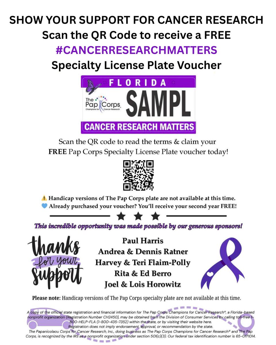 Pap_Corps's tweet image. #cancerresearchmatters. You can support Cancer Research without a donation just by providing your name and Florida DL# on this form. You will receive a FREE voucher for @Pap_Corps Champions For Cancer Research #specialtylicenceplatevoucher to benefit @SylvesterCancer…