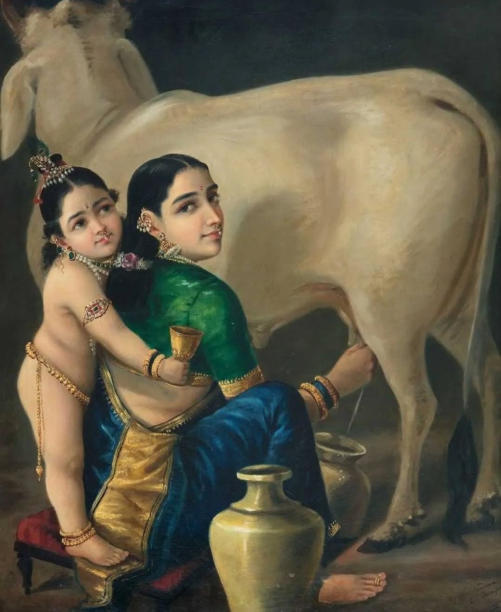 CliosChronicles's tweet image. Raja Ravi Varma's masterpiece, where Yashoda, the beloved mother of Shri Krishna, is milking a white cow. The painting captures a moment of pure innocence and mischief, as the mischievous baby Krishna, eagerly comes over to demand his share of milk.
The painting is a masterful…
