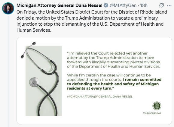 MINewsSource's tweet image. JUST IN: US judge upholds AG Nessel's block on Trump administration's HHS restructuring plan