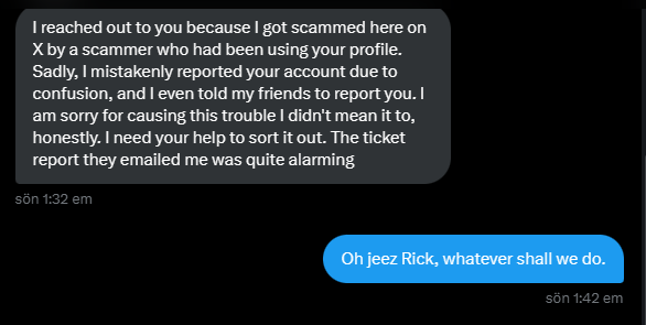 Annausagi2's tweet image. Man, this is the second follower who has fallen victim to hacking, sending me the classic "I accidentally reported you!" scam. Be careful out there, peeps.
(Don't entertain it like I did here, lol. I just knew about the scam beforehand and couldn't help but faff around.)