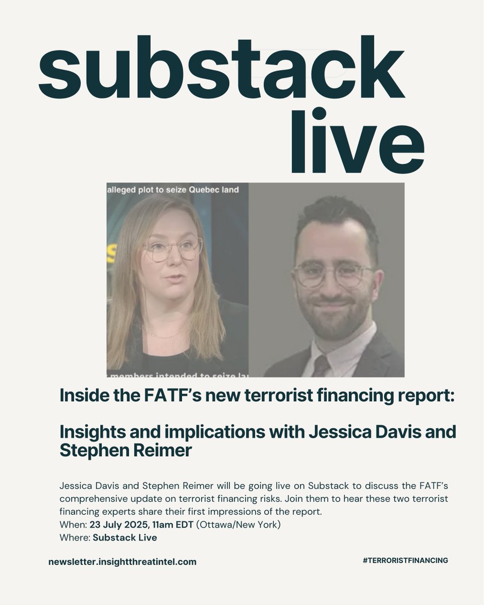 JessMarinDavis's tweet image. 🚨📺Tomorrow! I'm going live on Substack with Stephen Reimer to talk through the new @FATFNews report on #TerroristFinancing. Everyone is welcome to join us!
open.substack.com/live-stream/42…