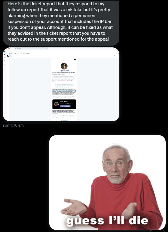 Annausagi2's tweet image. Man, this is the second follower who has fallen victim to hacking, sending me the classic "I accidentally reported you!" scam. Be careful out there, peeps.
(Don't entertain it like I did here, lol. I just knew about the scam beforehand and couldn't help but faff around.)
