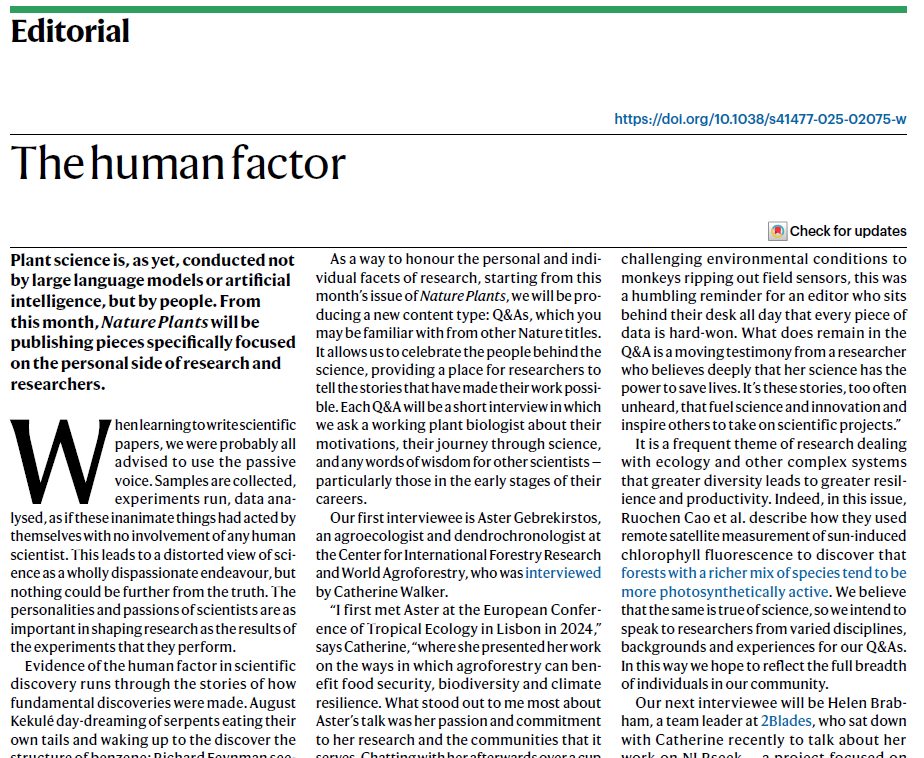 NaturePlants's tweet image. New Editorial: "The human factor" rdcu.be/exe7t
From this month, we will be publishing pieces specifically focused on the personal side of research. And the first is:
Q&A with Aster Gebrekirstos: "Creating resilience through agroforestry" rdcu.be/exl7A