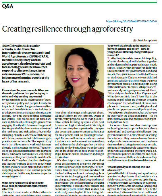 NaturePlants's tweet image. New Editorial: "The human factor" rdcu.be/exe7t
From this month, we will be publishing pieces specifically focused on the personal side of research. And the first is:
Q&A with Aster Gebrekirstos: "Creating resilience through agroforestry" rdcu.be/exl7A