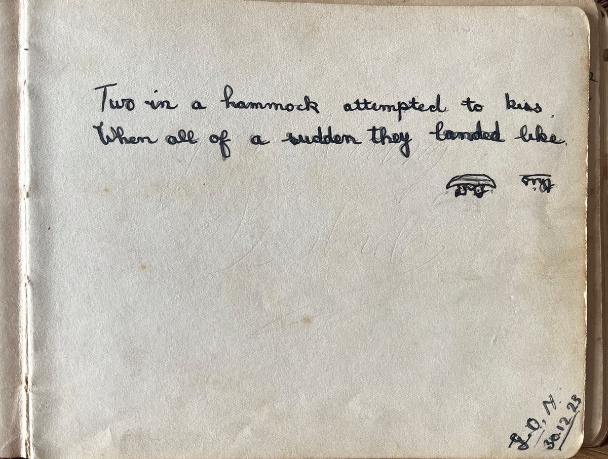 Kathryn11Baird's tweet image. Illustrating the need for a risk assessment before kissing in a hammock in 1923. #AutographBookSummer 2025