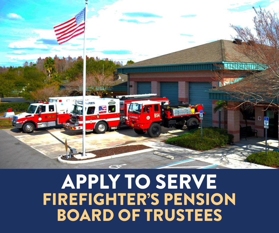Oldsmar's tweet image. APPLY TO SERVE
Oldsmar's Firefighter's Pension Board of Trustees opening for a board member and is seeking applicants. The board makes certain that pension plan policies are followed. Meetings are held quarterly. To apply, visit loom.ly/-UjB8oc