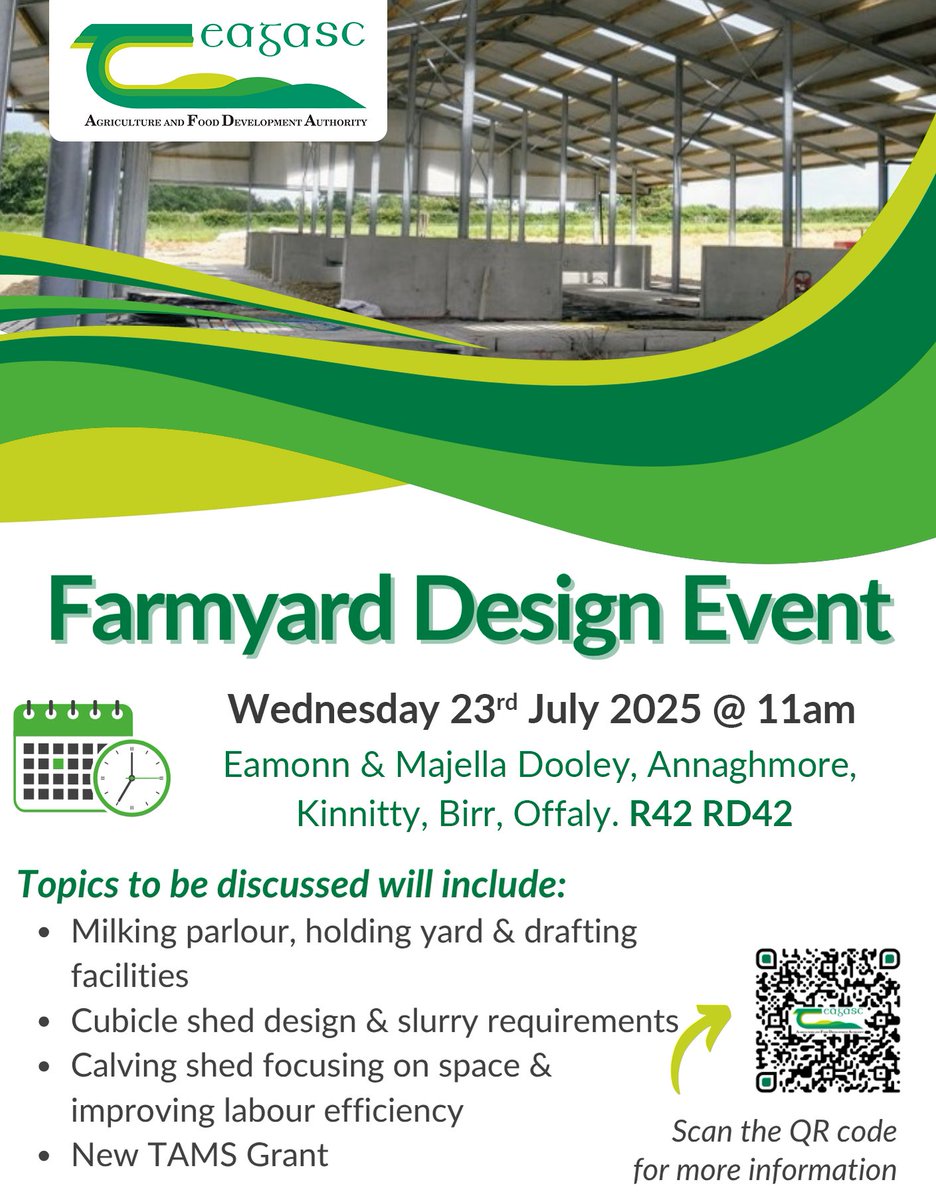 Join us tomorrow, 23 July at 11am for a Farmyard Design Event on the farm of Eamonn &amp; Majella Dooley, Annaghmore, Kinnitty, Birr, Co. Offaly.
Find out more here bit.ly/3GYiQ9c