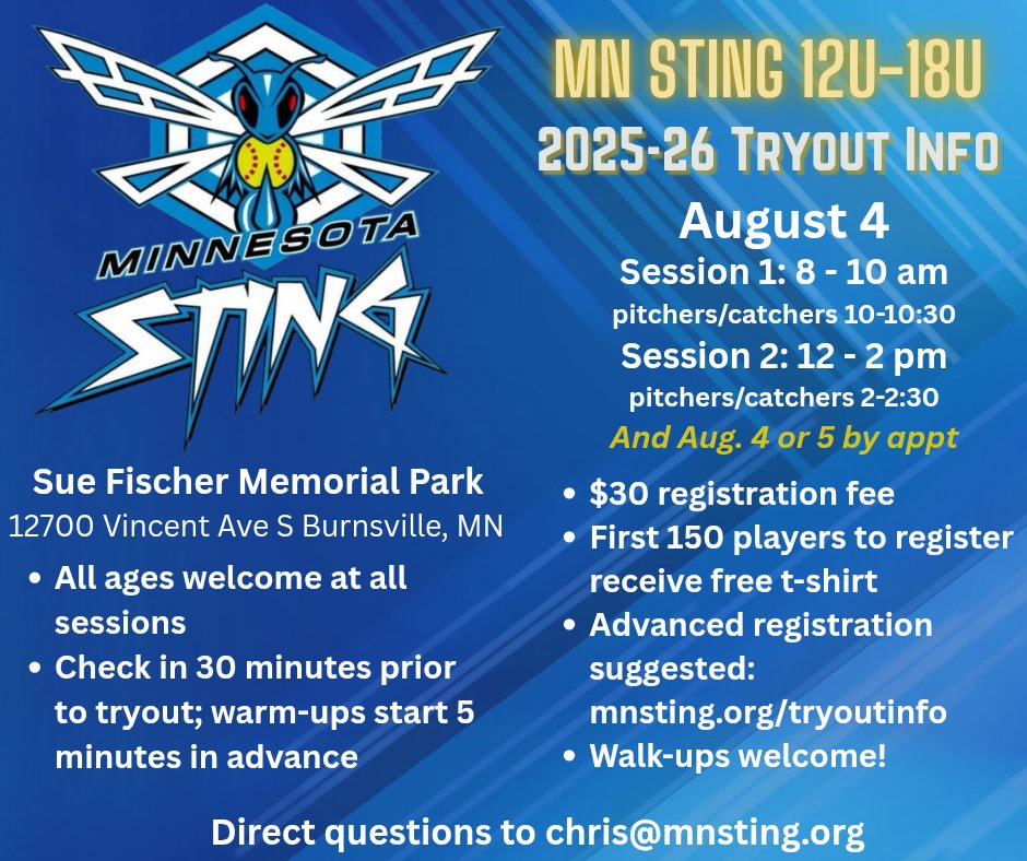 MN Sting Fastpitch (@mnstingfp) on Twitter photo We've streamlined our tryout process - please note our new session times! Email chris@mnsting.org to schedule appointments outside of scheduled sessions. We've streamlined our tryout process - please note our new session times! Email chris@mnsting.org to schedule appointments outside of scheduled sessions.