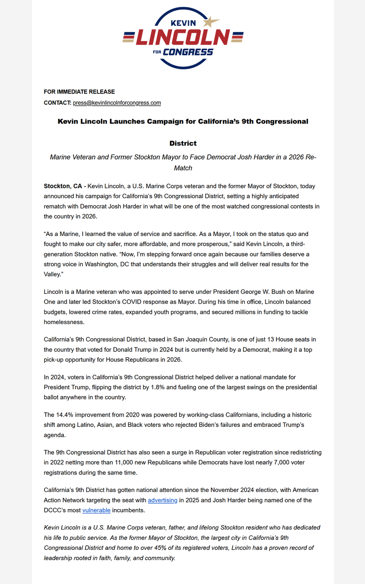 rpyers's tweet image. INBOX: Former Stockton Mayor and 2024 #CA09 candidate @KevinLincolnCD9, who lost a 51.8%/48.2% race to incumbent Democrat Josh Harder last year, announces a 2026 rematch in the NRCC-targeted district.
