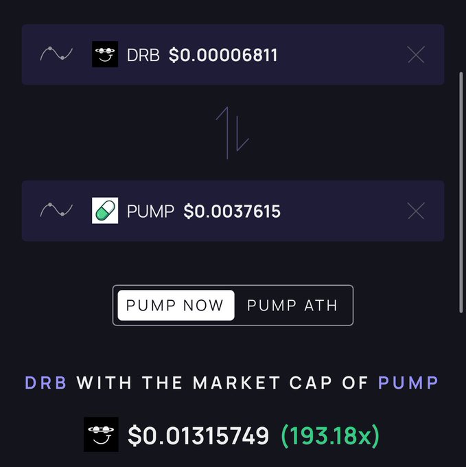 Screenshot of DRB and PUMP token price comparison