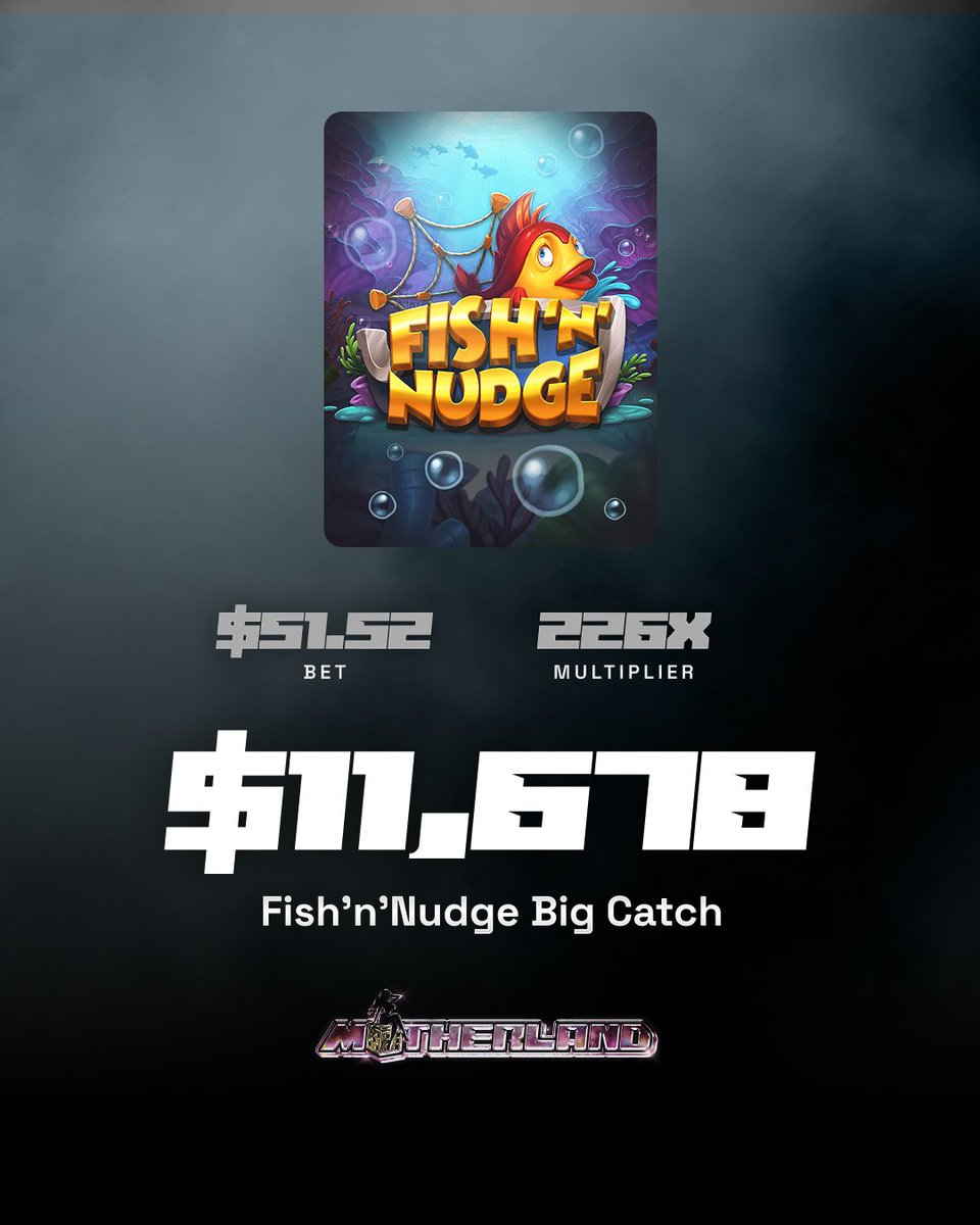 PlayMotherland's tweet image. $51.52 in → $11,678 out 🔥
That’s a 226x hit on Fish ‘N’ Nudge Big Catch 🎣🌀
One nudge. One spin. One massive win.
Play now on Motherland—fishy luck hits different. 🎰