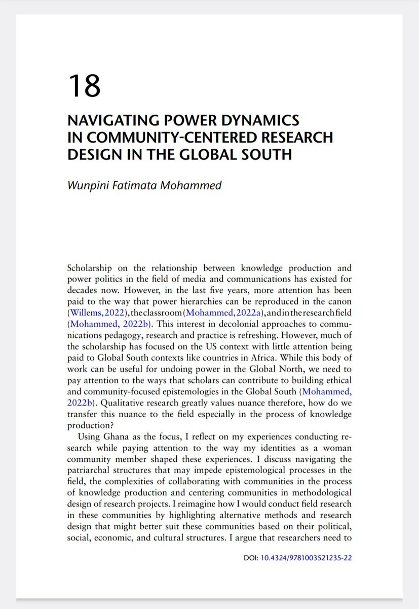Wunpini F. Mohammed, Ph.D (@wunpini_fm) on Twitter photo In this <a href="/Routledge_MandC/">Media, Cultural and Communication Studies</a> book chapter, I present tools for doing fieldwork in the Global South ethically, collaboratively, and respectfully.
You can download my chapter here: drive.google.com/file/d/1YB0qWH…
Here is the full volume: routledge.com/Research-Metho…
Publication #5 for 2025✔️ In this <a href="/Routledge_MandC/">Media, Cultural and Communication Studies</a> book chapter, I present tools for doing fieldwork in the Global South ethically, collaboratively, and respectfully.
You can download my chapter here: drive.google.com/file/d/1YB0qWH…
Here is the full volume: routledge.com/Research-Metho…
Publication #5 for 2025✔️