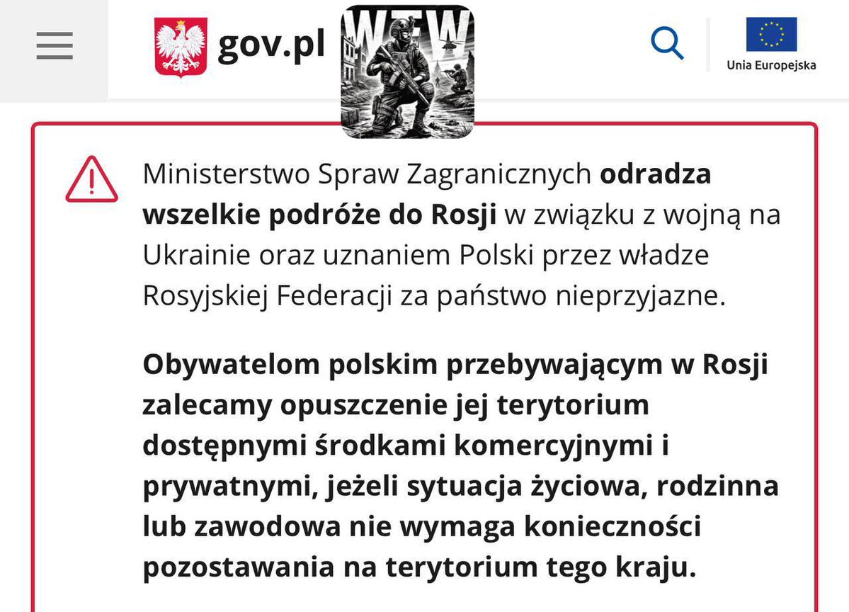 MoloWarMonitor's tweet image. ๐จ๐ต๐ฑ๐ท๐บ The Government of Poland has issued a warning to its citizens in Russia asking them to leave the country.