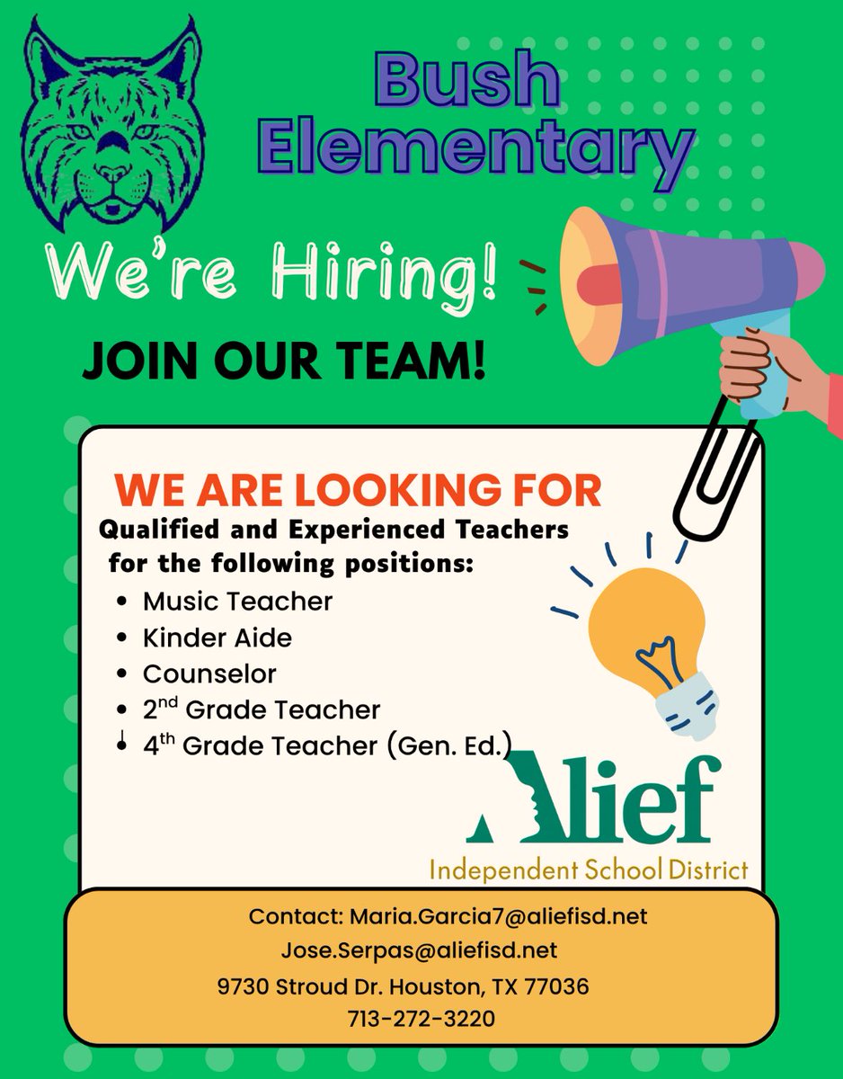 Maria Teresa Garcia, Ed. D. (@mtgarcia2010) on Twitter photo We are seeking dedicated and enthusiastic teachers <a href="/ajbushelem/">Bush Elementary</a> in <a href="/AliefISD/">Alief ISD</a> See below for details! <a href="/O_L_Mayers/">Dr. Onica L. Mayers</a> We are seeking dedicated and enthusiastic teachers <a href="/ajbushelem/">Bush Elementary</a> in <a href="/AliefISD/">Alief ISD</a> See below for details! <a href="/O_L_Mayers/">Dr. Onica L. Mayers</a>