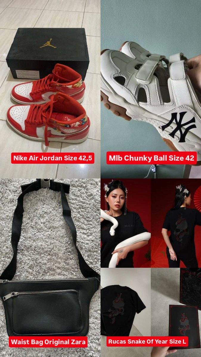 ninggshine's tweet photo. @keuvromi WTS // want to sell

• Nike Air Jordan size 42,5 (27 cm) 
• Mlb Chunky Ball size 42 (unisex) 
• Waist Bag Original Zara
• Rucas Snake Of Year size L (New with paperbag) 

minat dm aja harga under pasaran ‼️ bisa nego 🤗 https://t.co/YGIPuXNuLr