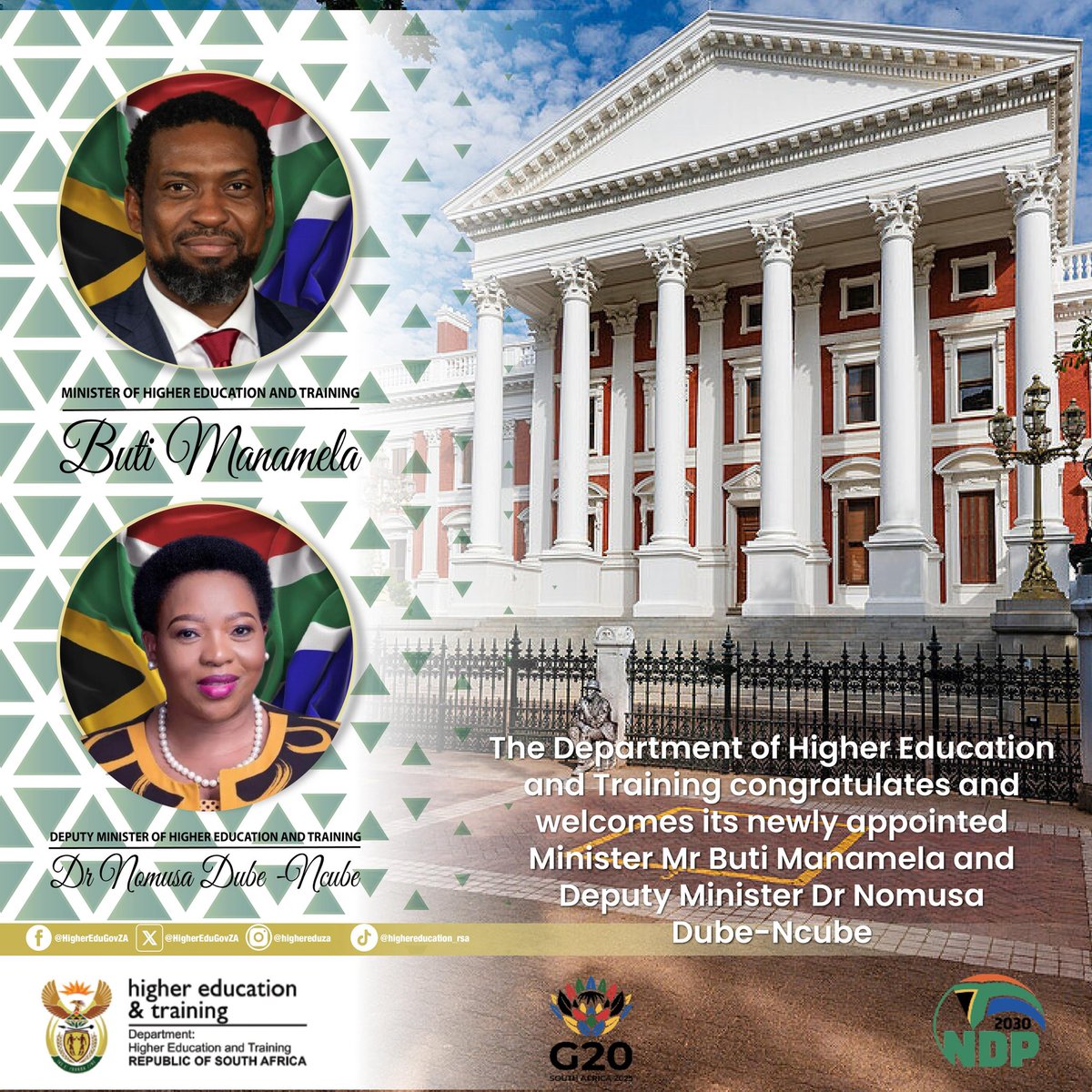 GovernmentZA's tweet image. #GovZAUpdates | Newly Appointed
Mr @ButiManamela has been appointed as the Minister of Higher Education and Training, with Dr Nomusa Dube-Ncube as the Deputy Minister.
#DHET