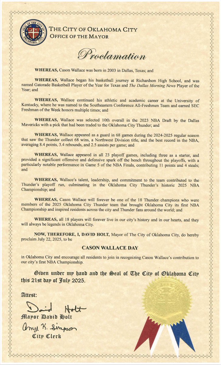 davidfholt's tweet image. CASON WALLACE is one of 18 Thunder players who collectively won for OKC our first NBA Championship. All 18 will live forever in our city’s history & in our hearts. In recognition of this historic accomplishment, I hereby proclaim that today is CASON WALLACE DAY in Oklahoma City!