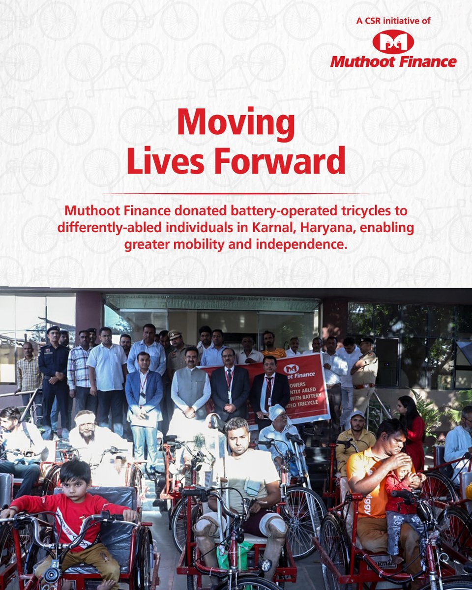 MuthootCSR's tweet photo. Thirteen battery-operated tricycles donated to differently-abled individuals in Karnal, Haryana, to enable mobility and independence. Another step forward in building inclusive communities.

#MuthootFinance #CSRInitiative #MobilityForAll #InclusiveCommunities #EmpoweringLives https://t.co/Ui1kvAI2xx