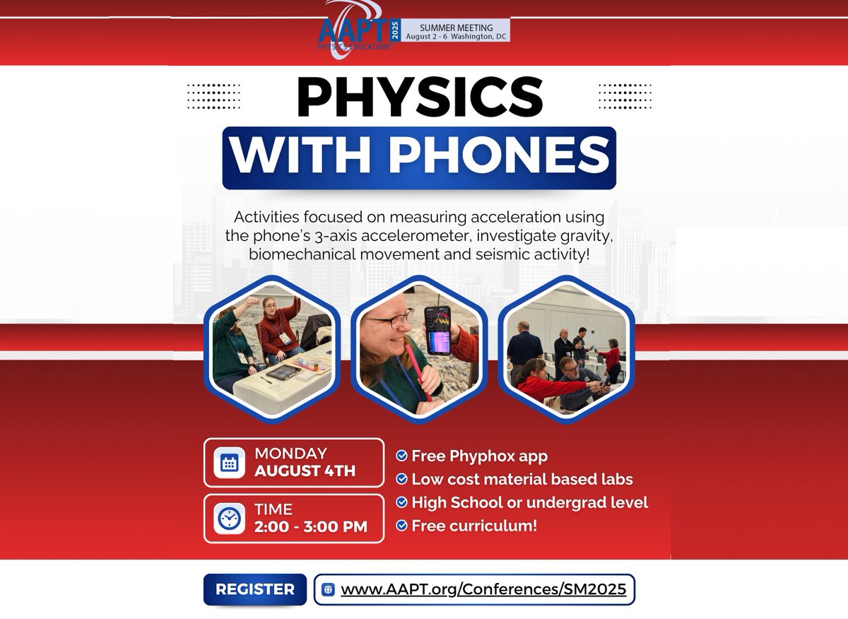 AAPTHQ's tweet image. Check out this great workshop on "Physics with Phones". This workshop, along with others, is a perfect opportunity to gather with your colleagues and learn new #teaching techniques while engaging in thoughtful discussions. Add this workshop to your meeting registration. #AAPTSM25