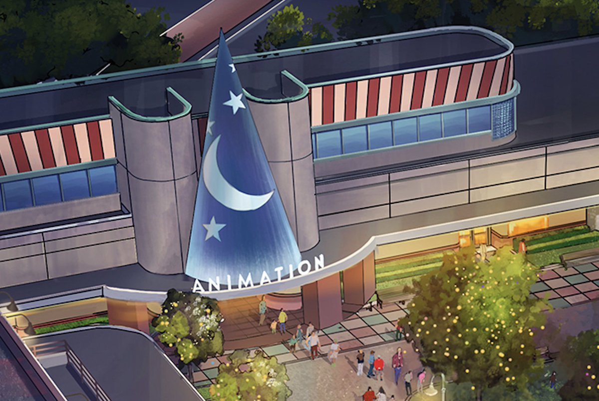 DSNYNewscast's tweet image. Notable differences between the "The Magic of Disney Animation" area replacing Animation Courtyard in 2026:
• Star Wars Launch Bay exterior replaced by iconic Mickey’s Sorcerer Hat to represent the Burbank animation building.
• Disney•MGM Studios arch has been removed.