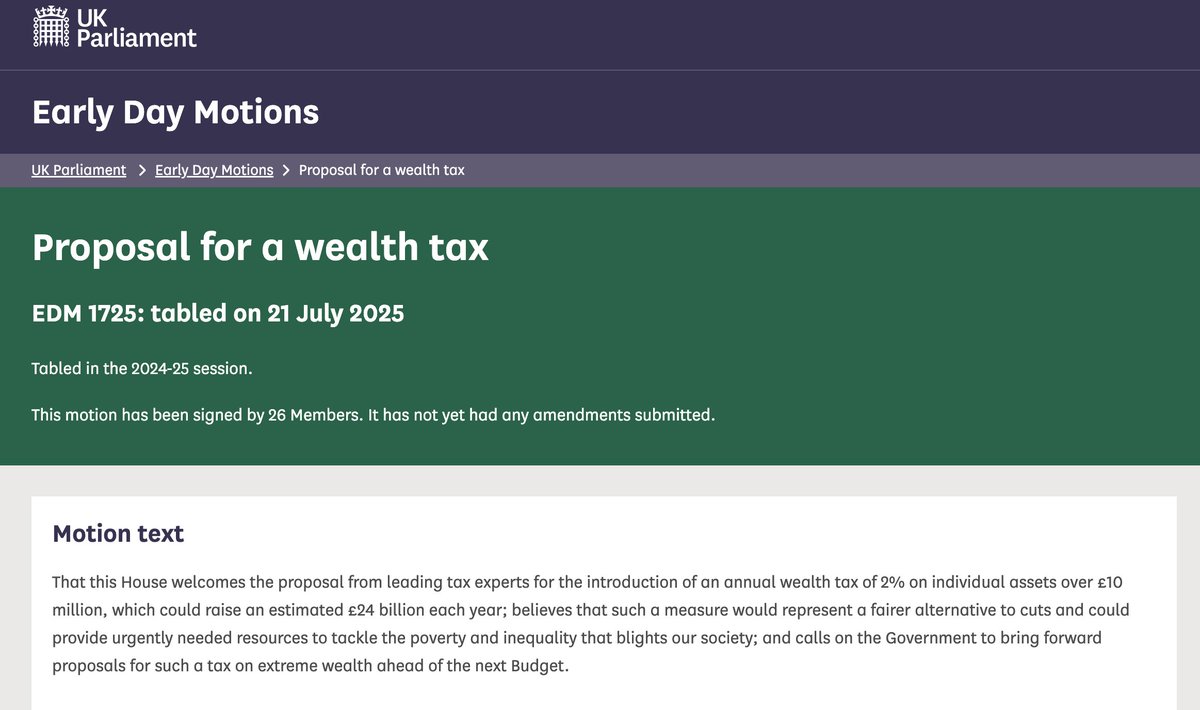 🚨BREAKING🚨

29 MPs have just tabled an EDM titled "proposal for a #WealthTax." 

edm.parliament.uk/early-day-moti…
