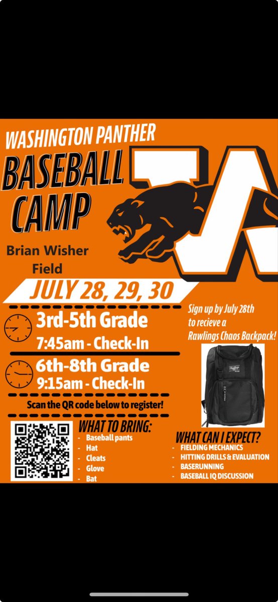Any baseball players who played freshman sophomore or varsity are welcome to help run our annual baseball camp on July 28, 29, &amp; 30. That’s Monday Tuesday and Wednesday next week.