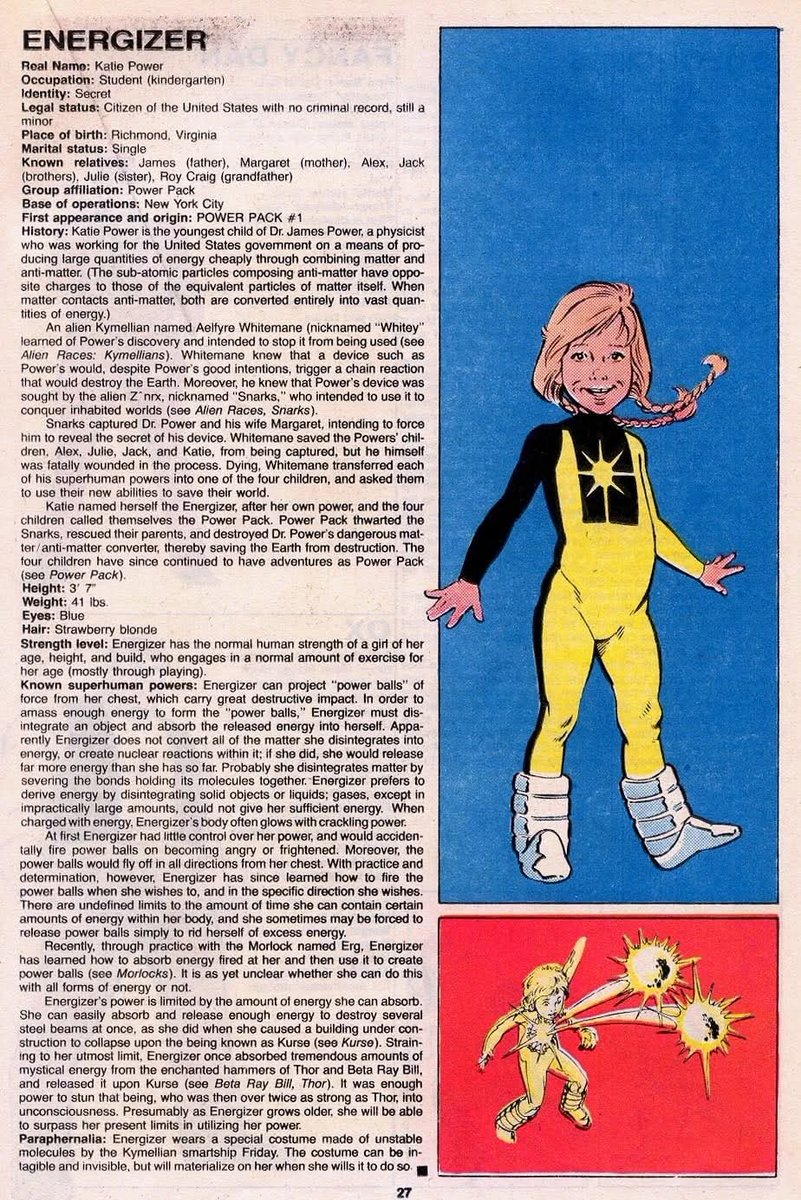 comicbookaddt's tweet image. For #ThrowbackTuesday, let's talk about the pint-sized powerhouse of Power Pack!
What are your thoughts or memories of Energizer (Katie Power)? 💬
This classic profile is from The Official Handbook of the Marvel Universe (1985), with writing by Mark Gruenwald & Peter Sanderson…