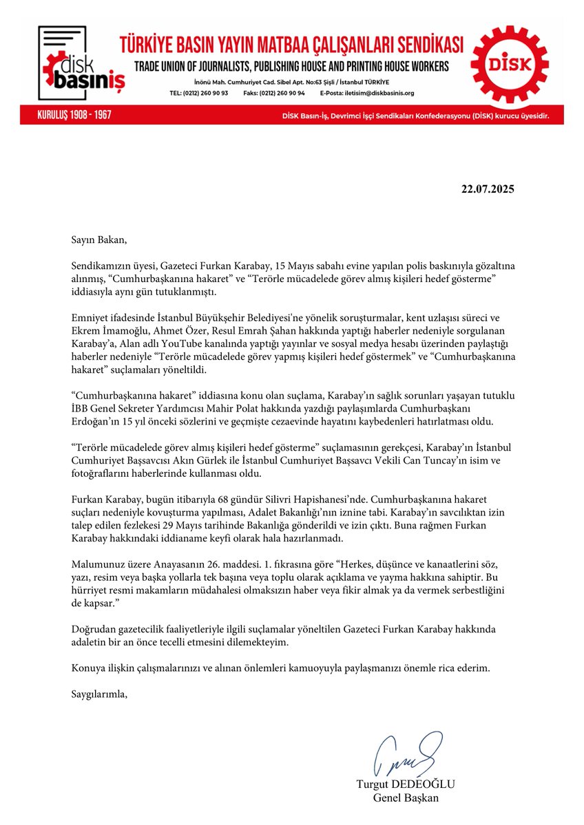 turgutdd's tweet image. Bugün Adalet Bakanına bir dilekçe vererek sorduk. Furkan Karabay'ı daha ne kadar cezaevinde tutacaksınız? #tutuklugazetecilereözgürlük