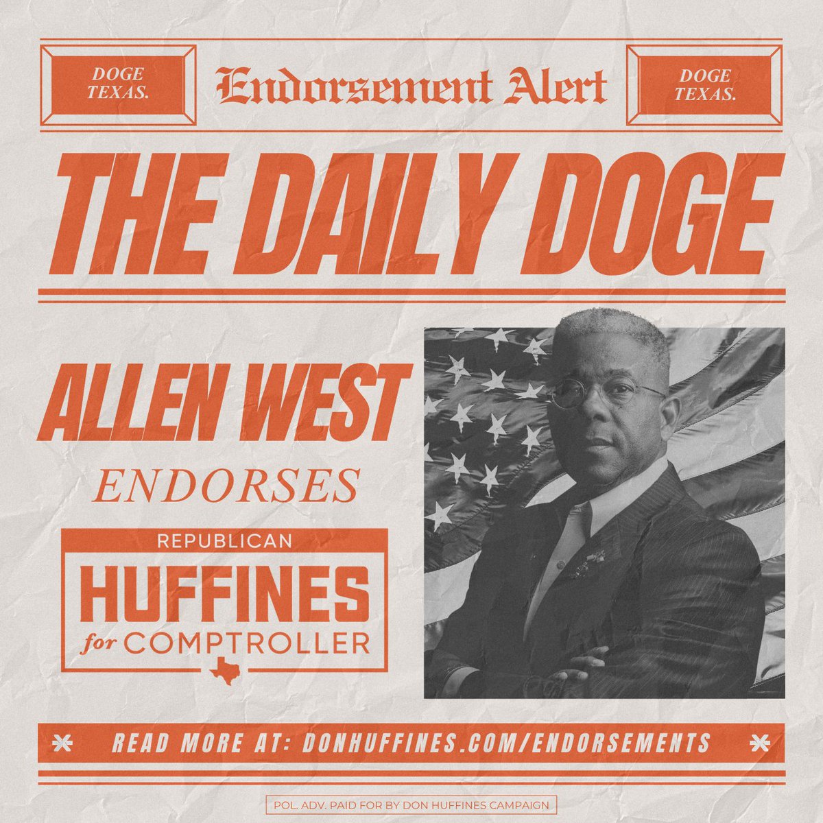 TeamHuffines's tweet image. ICYMI: Lt. Col. @AllenWest, Dallas County GOP Chairman, has officially endorsed Don Huffines for Comptroller.
Lt. Col. West says Don is the grassroots fighter Texans can trust to protect every taxpayer dollar.