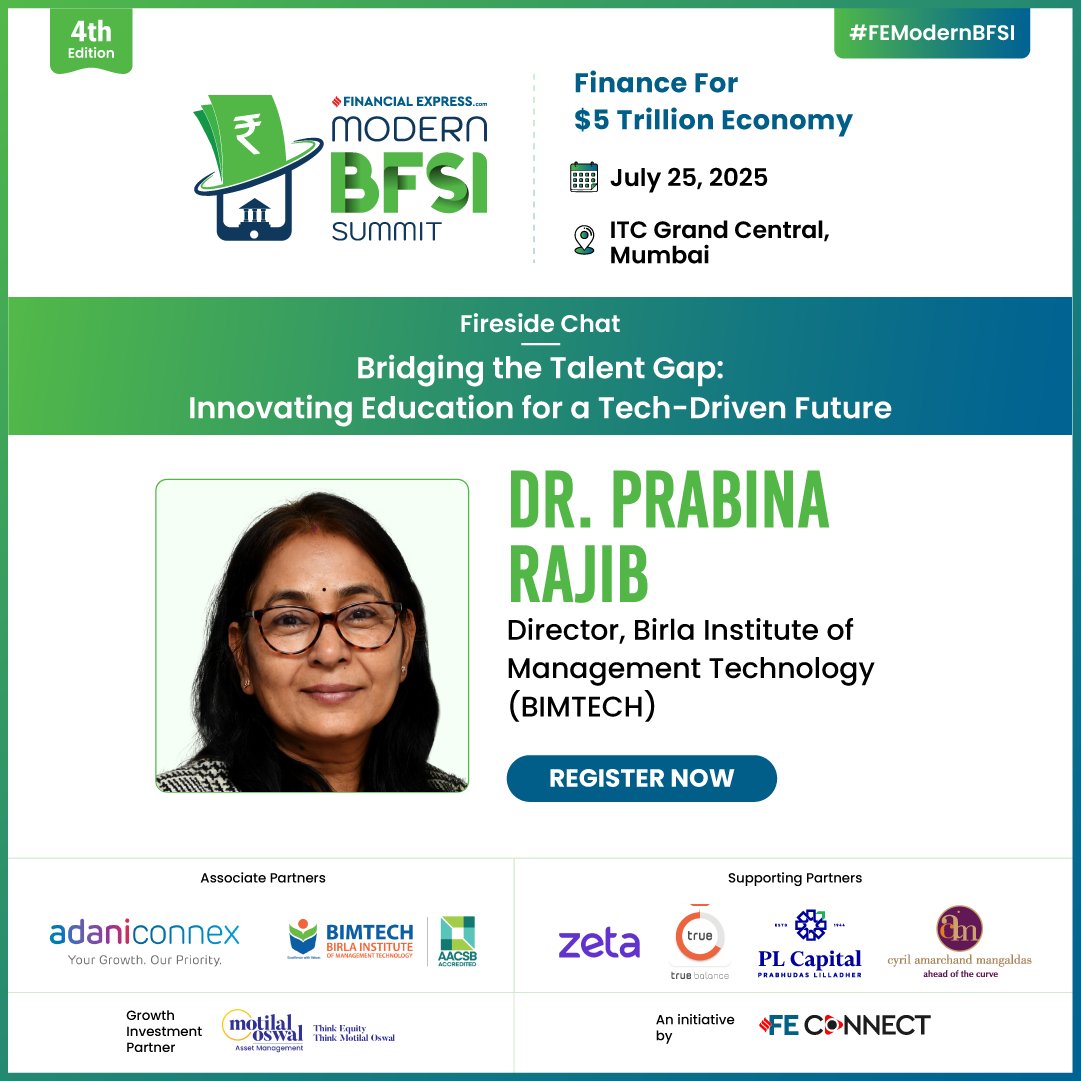 Dr. PRABINA RAJIB Director at BIMTech (<a href="/BIMTECHNoida/">BIMTECH</a>), joins us at the #FEModernBFSI for a Fireside Chat on: "Bridging the Talent Gap: Innovating Education for a Tech-Driven Future"

July 25, 2025 | ITC Grand Central, Mumbai
Register Now: shorturl.at/8Q74N

#FEConnect