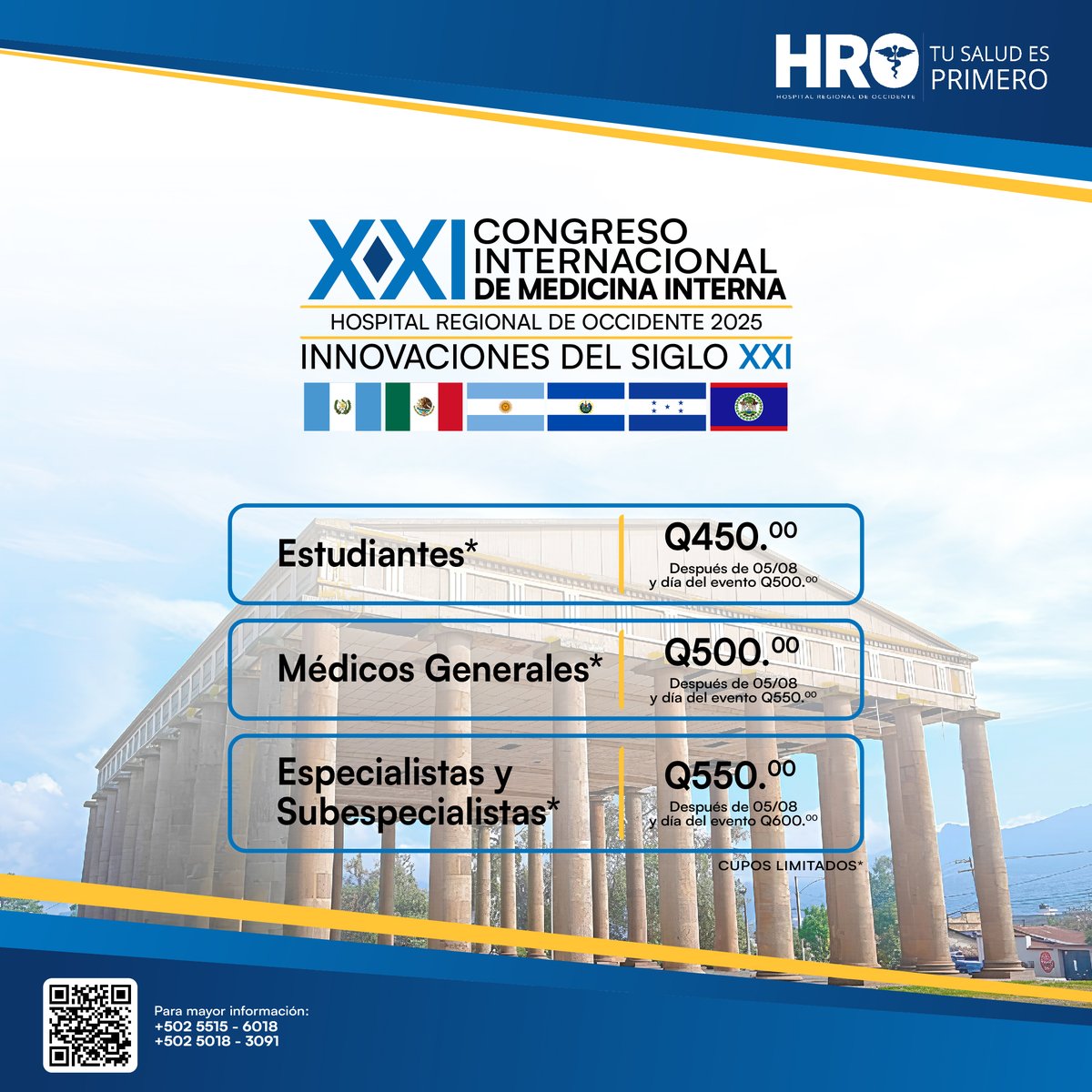 #TuSaludEsPrimero | 🩺✨ ¡Este agosto, el conocimiento nos une!
El Hospital Regional de Occidente te invita al Congreso Internacional de Medicina Interna, un espacio académico creado para fortalecer y actualizar los conocimientos de los profesionales de la salud