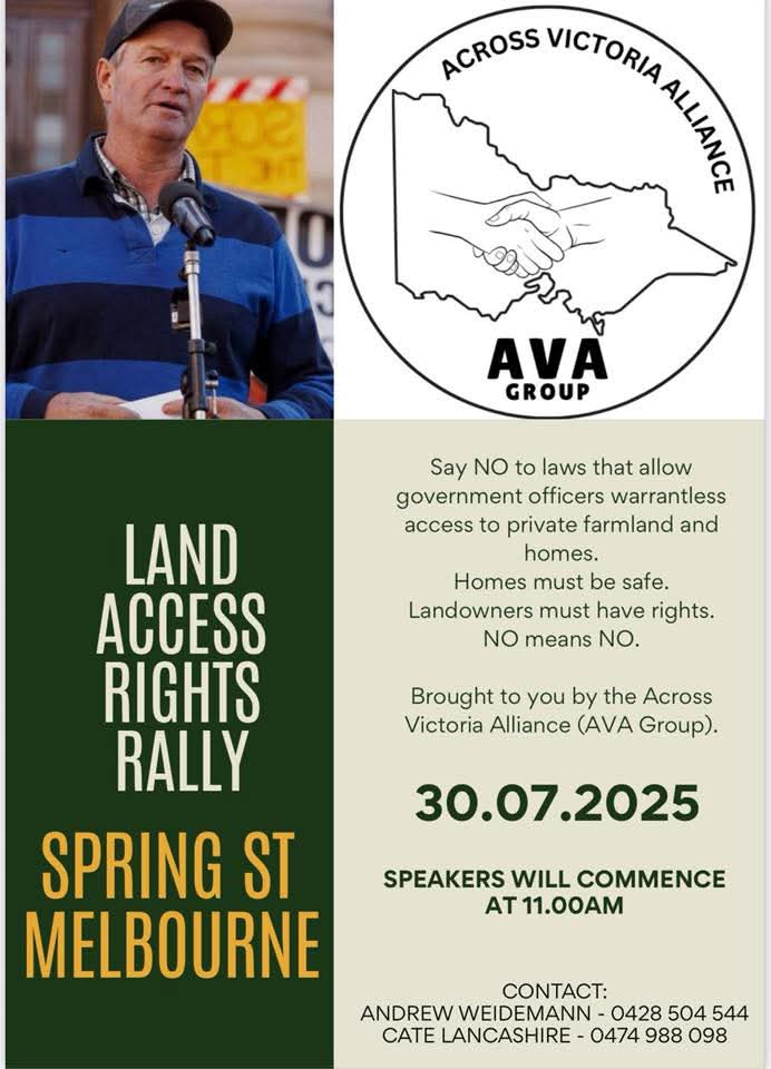 Rally in Melbourne - Vic Gov is proposing to create new authorised officers who can enter your private property using force. This is unprecedented and exists nowhere else in Australia. If you don't let them on your land or in your home they will enter anyway &amp; charge you $12,000