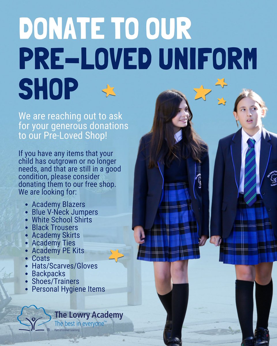 The Lowry Academy (@academylowry) on Twitter photo ๐จ๐ป๐ถ๐ณ๐ผ๐ฟ๐บ ๐๐ผ๐ป๐ฎ๐๐ถ๐ผ๐ป๐ ๐ก๐ฒ๐ฒ๐ฑ๐ฒ๐ฑ! ๐๐ฃ
Donations can be dropped off at the main office by you or your child.
For some families, your donated items make a real difference- and are received with heartfelt gratitude.
Thank you, as always, for your kind support. ๐จ๐ป๐ถ๐ณ๐ผ๐ฟ๐บ ๐๐ผ๐ป๐ฎ๐๐ถ๐ผ๐ป๐ ๐ก๐ฒ๐ฒ๐ฑ๐ฒ๐ฑ! ๐๐ฃ
Donations can be dropped off at the main office by you or your child.
For some families, your donated items make a real difference- and are received with heartfelt gratitude.
Thank you, as always, for your kind support.