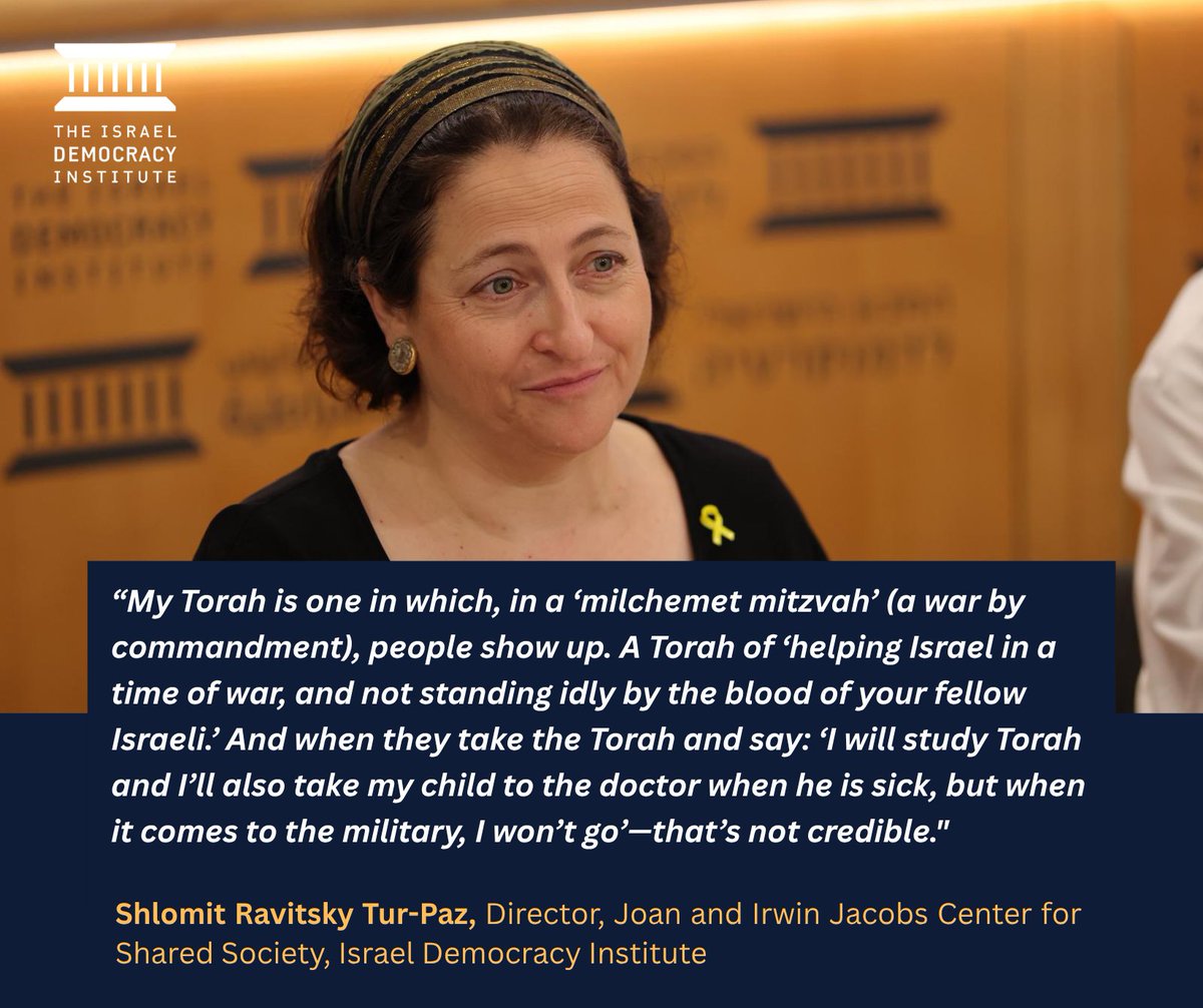 Director of IDI's Joan and Irwin Jacobs Center for Shared Society Shlomit Ravitsky Tur-Paz argues that the Haredi leadership's use of their interpretation of the Torah as a reason not to serve in the military is offensive not only because it means the burden is falling on some