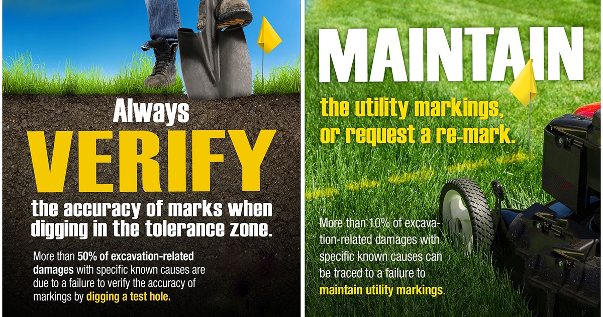 Most excavation-related damages with specific known causes are due to a failure to verify the accuracy of markings. Always verify and maintain markings before digging. #KnowWhatsBelow