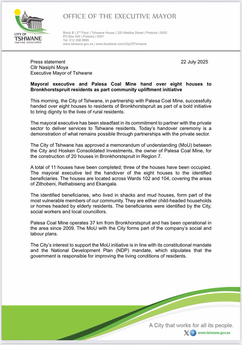 nasiphim's tweet image. City of Tshwane and Palesa Coal Mine handover eight houses to Bronkhorstspruit residents as part community uplift initiative. @CityTshwane