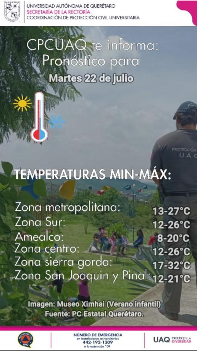 cpcuaq's tweet photo. Buenos días, la Coordinación de Protección Civil Universitaria te informa:
📝#pronósticodeltiempo para martes 22 de julio:
🌥 cielos con nubosidad dispersa. 

⚪Sin pronóstico de lluvias en el Estado🌧
#CrecerEnLaDiversidad
#CuidémonosEnComunidad @cpcuaq @TvUAQ https://t.co/UkXgs2Jkot
