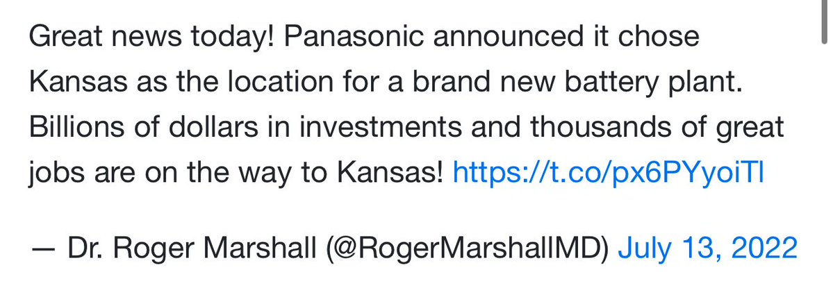 Here is Senator Dr. Roger Marshall’s now-deleted tweet when the Panasonic plant was announced. You can’t just lie!