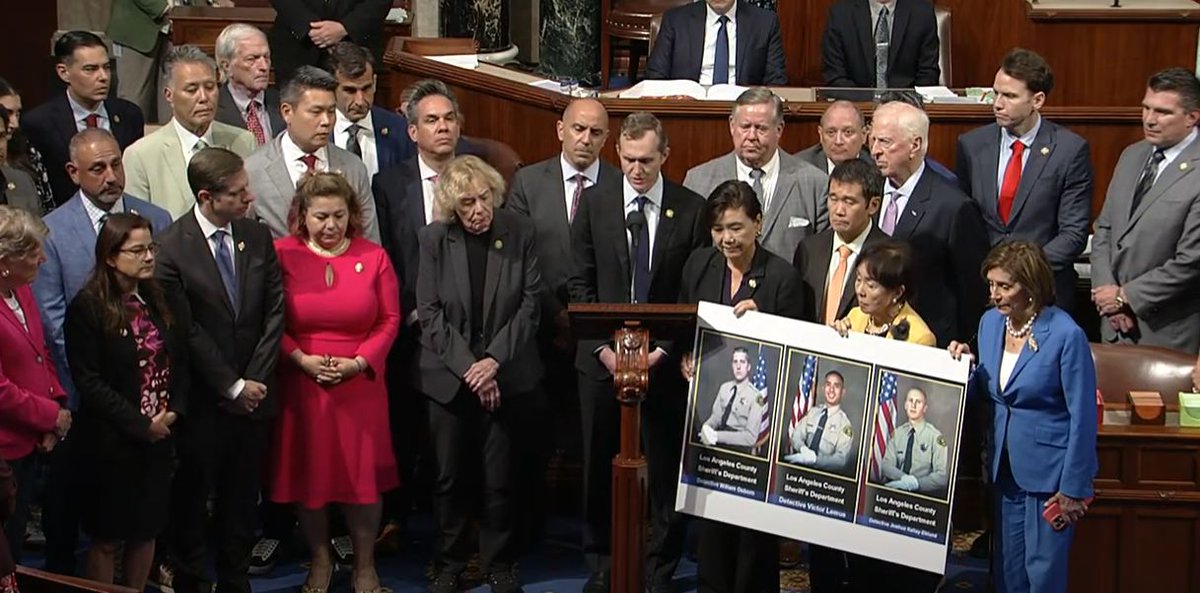 RepThompson's tweet image. Joined my California colleagues in a moment of silence on the House floor to honor the lives of Detectives Joshua Kelley-Eklund, Victor Lemus, and William Osborn of the Los Angeles County Sheriff’s Department Arson Explosives Detail. I am heartbroken by their passing and my…