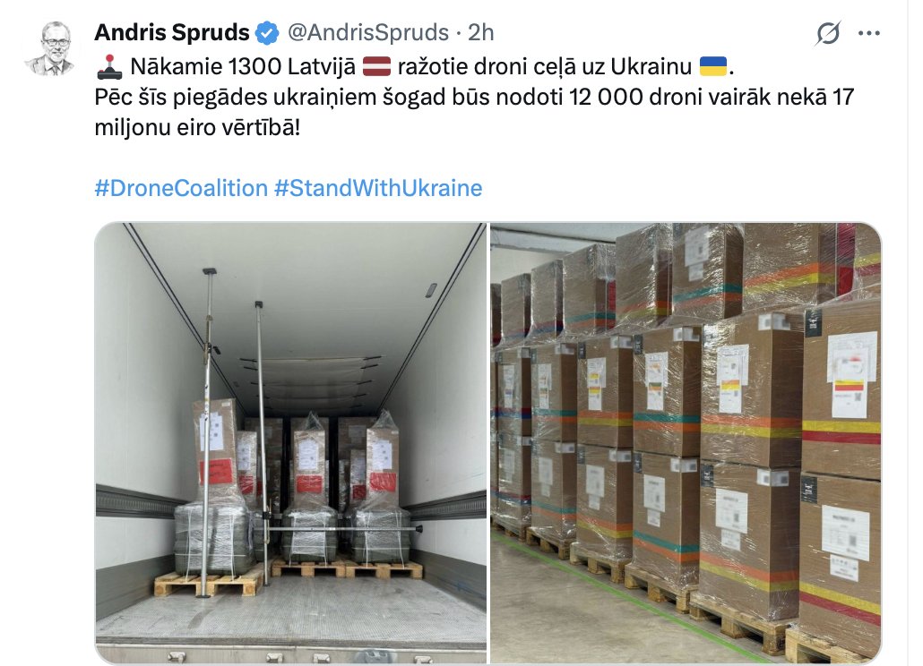 nexta_tv's tweet image. 🇱🇻 🤝🇺🇦 Latvia has sent 1300 drones to Kyiv and has no plans to stop
Another batch of drones is already on its way to Ukraine, announced Minister of Defence Andris Sprūds on social media X.
But that's not all: after this shipment, Ukraine will receive 12,000 drones worth more…