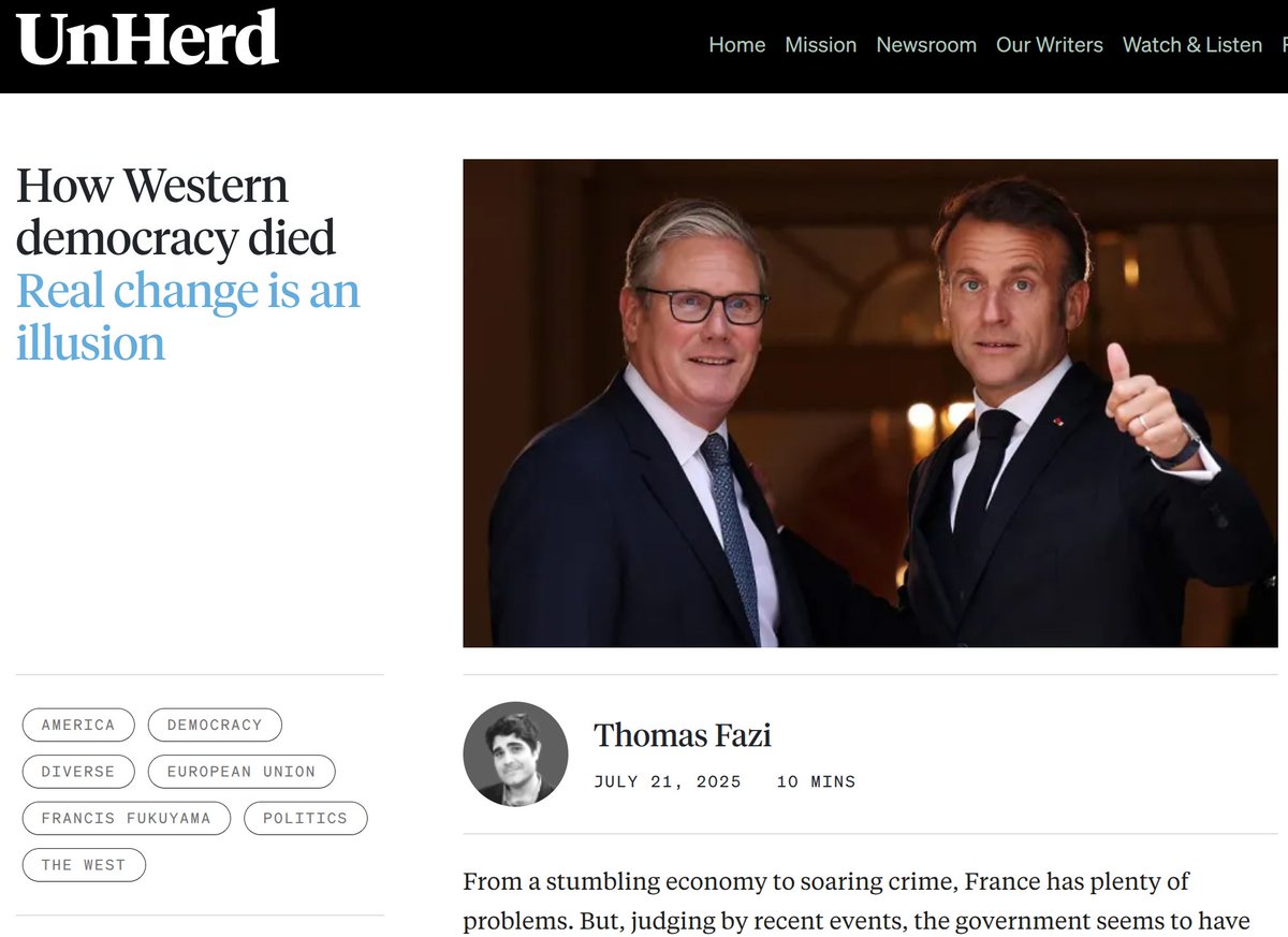 ResilientsTv's tweet image. "Comment la démocratie occidentale est morte".
Un article exceptionnel de @battleforeurope, l'un des meilleurs journalistes indépendants en Europe.
unherd.com/2025/07/how-we…